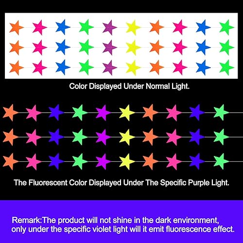 Miniatura 16 de Guirnalda de papel de estrella de neón de 108 pies que brilla en la oscuridad, suministros de fiesta, guirnaldas de papel neón para luz negra