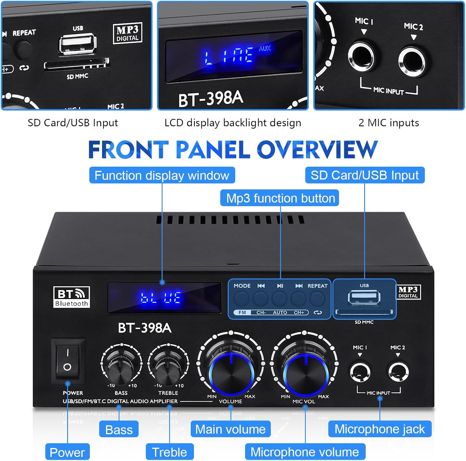 BT-398A Stereo Amplifier Receivers, Bluetooth 5.0 Audio Amp 2.0 Channel 60W+60W Rated Power Mini Speakers Sound Amplifiers Digital Amps w/FM Radio USB SD Card for Home Theater Audio System