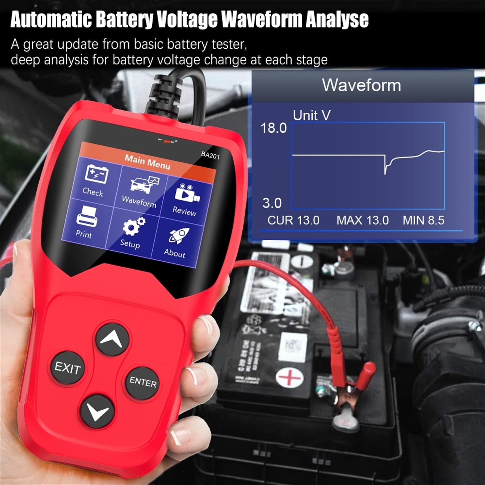 Comprobador de baterias de coche Ba201 Probador de batería de coche 12V 100 a 200 0cca 12 Volts Herramientas de batería for el automóvil Tergiversador de diagnóstico de carga de arranque rápido(Rojo)