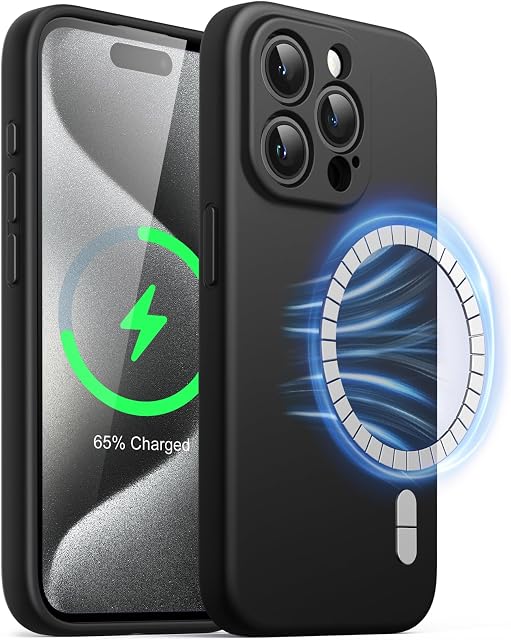 JETech Magnetyczna Silikonowy Etui dla iPhone 15 Pro Max 6,7 Cala, Kompatybilny z MagSafe, Case ze Obiektyw Aparatu Pełny Ochrona (Czarny)