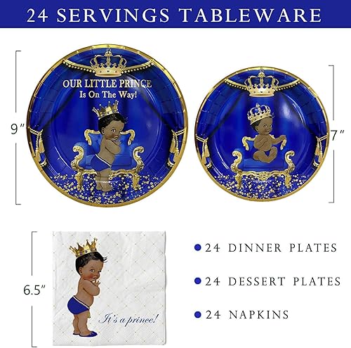 Miniatura 2 de Servilletas con platos para fiesta de baby shower, con diseño de "Nuestro Principito está en camino" para 24 invitados, vajilla desechable azul real