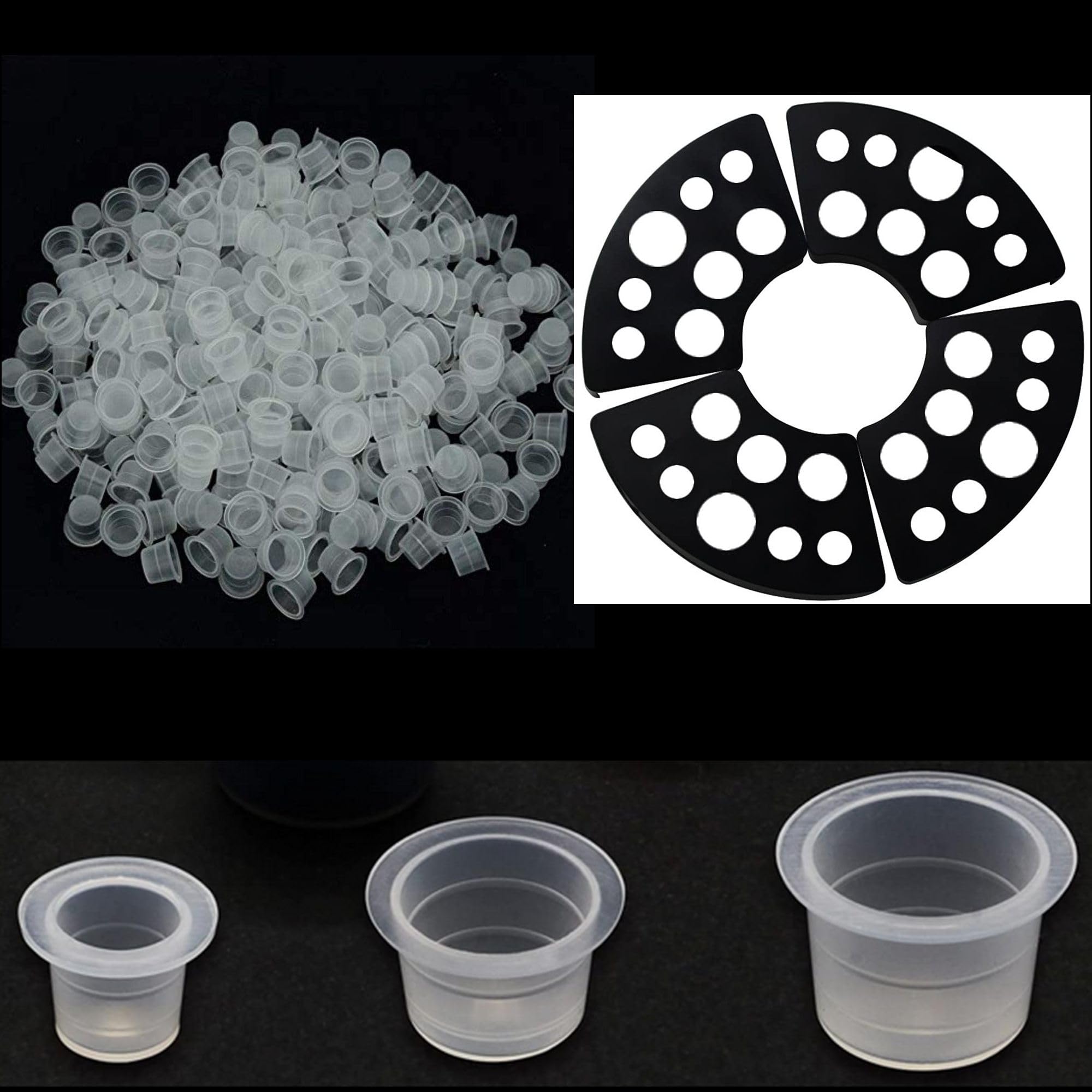 300pcs Tattoo Ink Cups Mixed with 4 Caps Holders,New Star Tattoo 100 Small 100 Medium 100 Large Tatto Pigment Caps +4 Cups Holders for Tattooing Ink