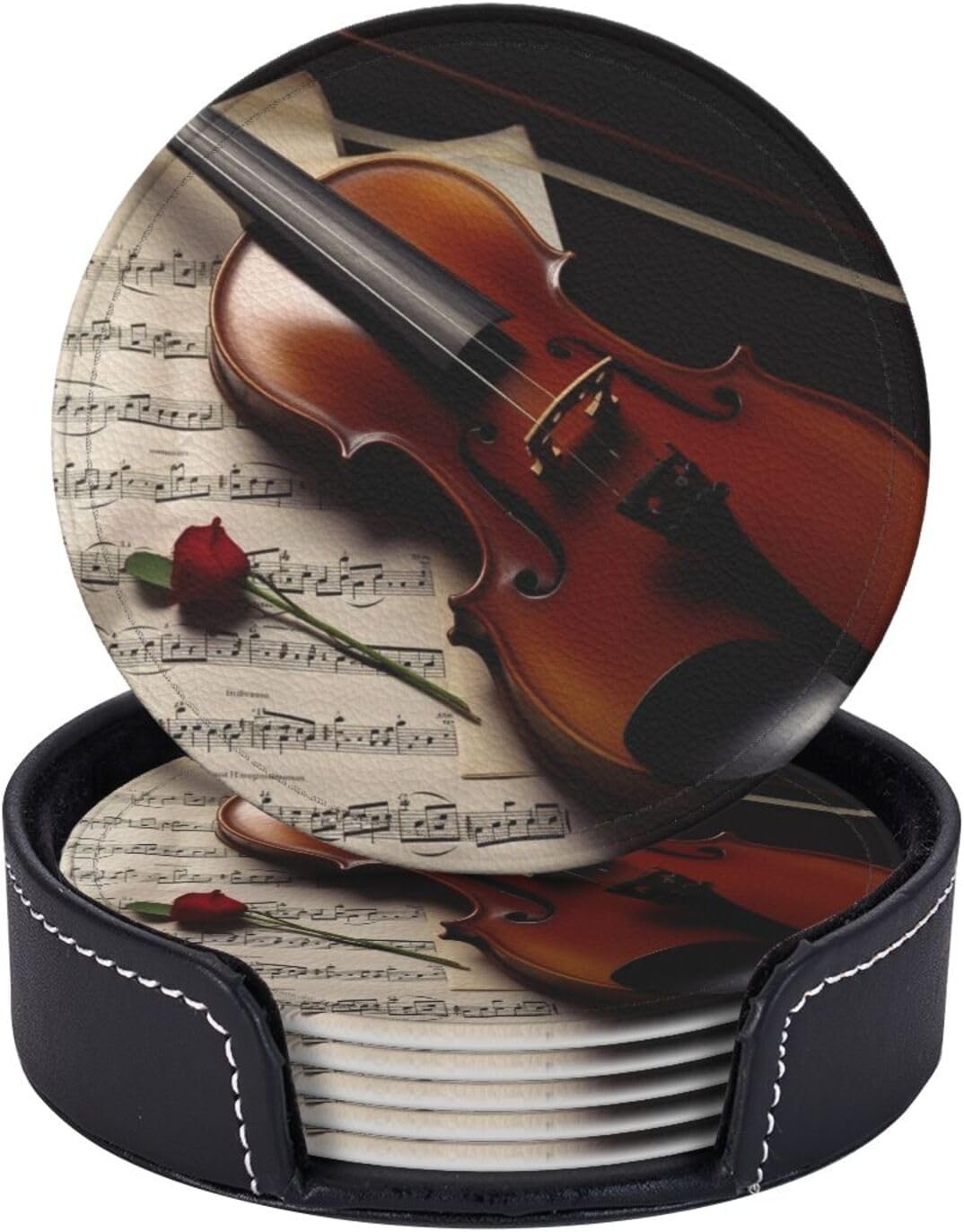 Violin Sheet Music Coasters Set of 6 for Drinks Absorbent Leather Coaster with Holder Round Cup Mat for Table Protection Coffee Table Mats for Home Decor House Warming Gifts