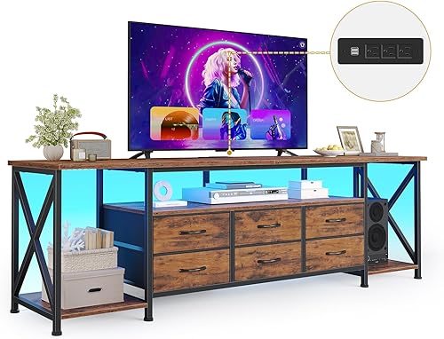Miniatura 9 de BTHFST Soporte de TV con luces LED y tomas de corriente, para televisores de hasta 80 pulgadas, centro de entretenimiento con 6 cajones con estantes