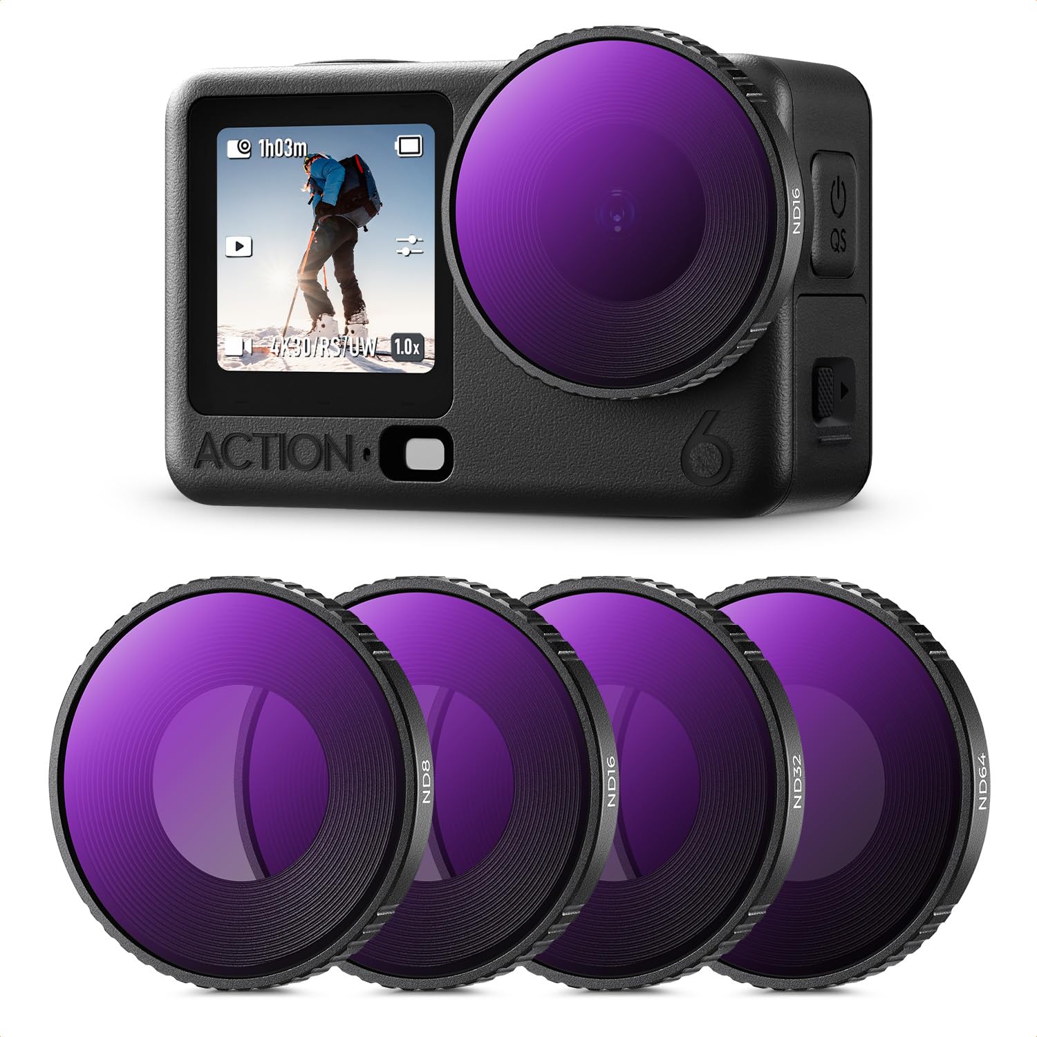 K&F CONCEPT Ensemble de Filtres ND Compatible avec DJI Osmo Action 6, Filtres de Densité Neutre ND8 ND16 ND32 ND64 Pack de 4 pour Contrôle de l'Exposition en Verre Optique à Revêtement Multicouche