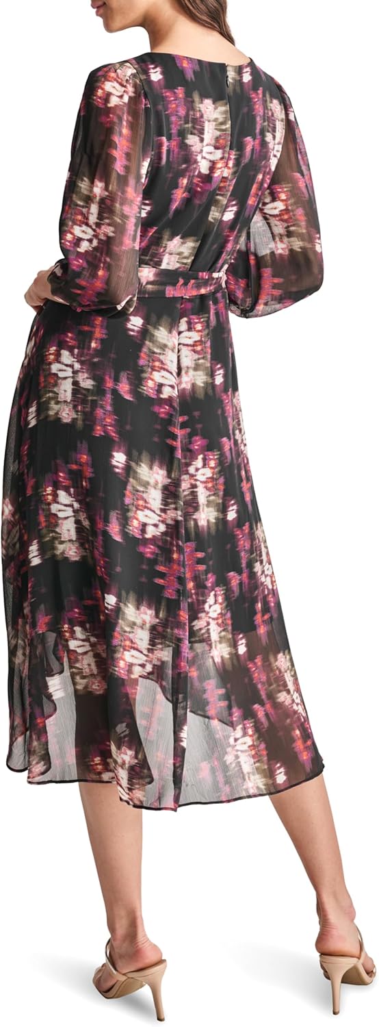 DKNY Womens Balloon Sleeve Faux Wrap Midi Dress - Image 4