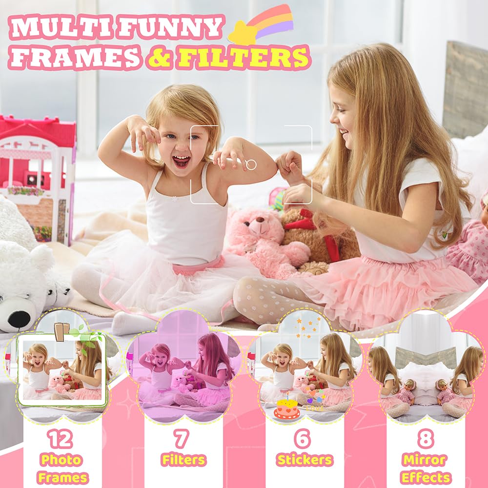 CNAPXAIA Macchina Fotografica Bambini Istantanea, 2,4" 1080P Fotocamera Digitale Bambini con 32 GB Scheda e 3 Rotoli di Carta da Stampa, Rosa