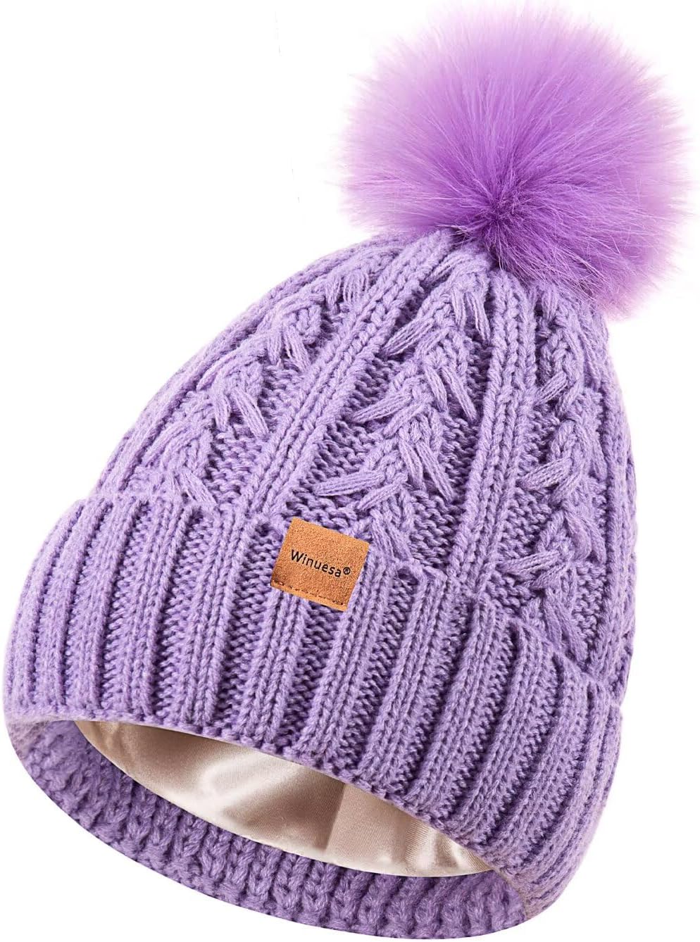 Winuesa Satin Lined Beanie for Women with Pom Pom, Fashionable Womens Winter Hats Silk Beanies, Cute Warm Knit Hat Skull Cap