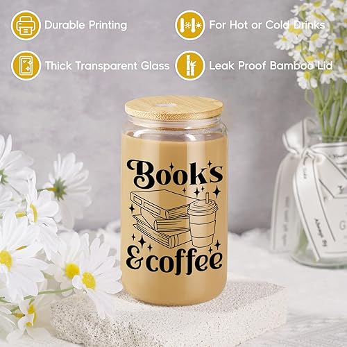 Miniatura 2 de Fairy's Gift Taza de vidrio para libros y café con tapa y pajita, regalos para amantes de los libros para mujeres y hombres, regalos de libro para