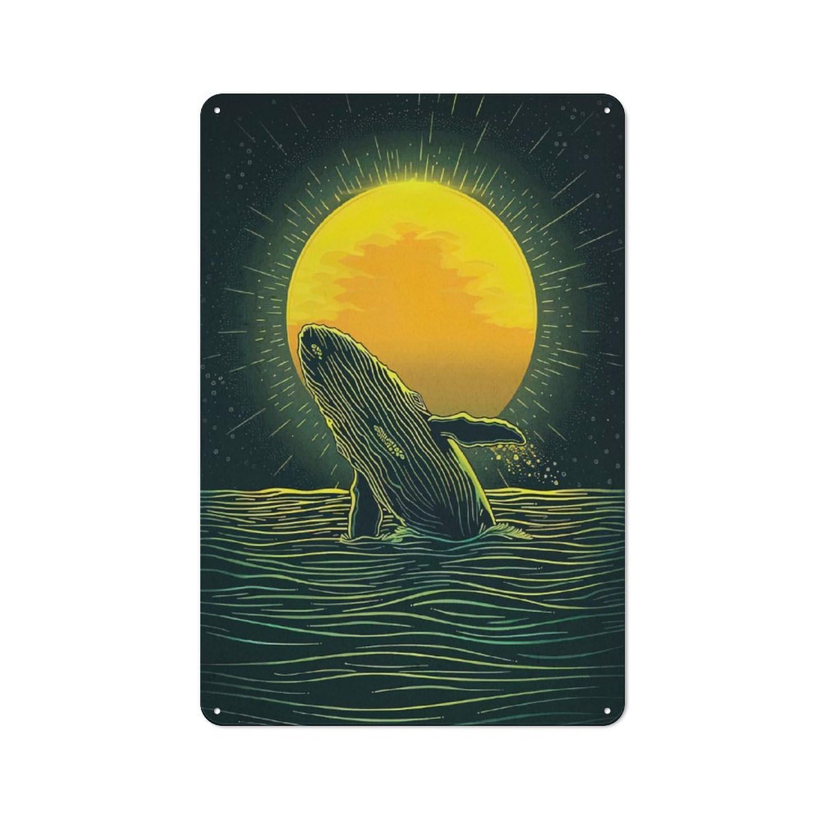 Junmoney Whale Leaping Sunset Warehouse Style Decorative Metal Plaque 30X20cm, Industrial Wall Decor For Loft, Studio, Office Or Creative Room