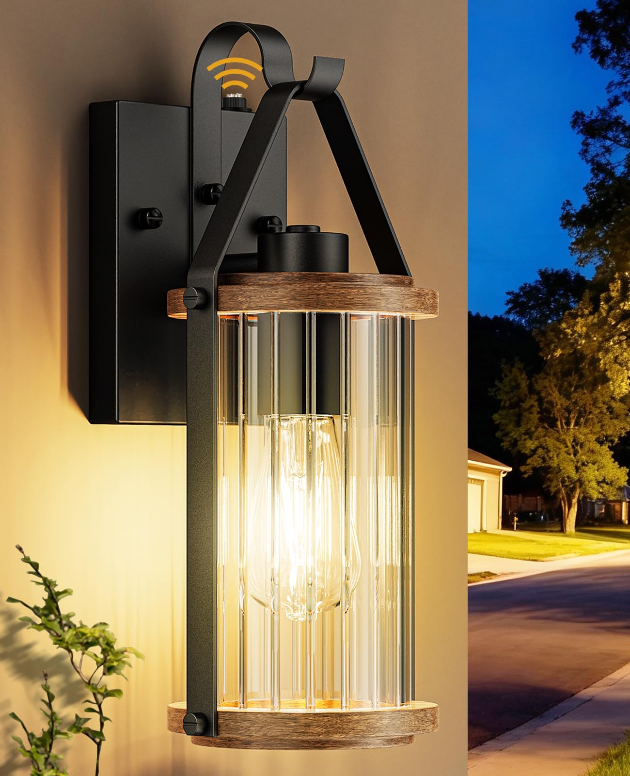 LumaBrite Dusk Till Dawn Outdoor Wall Light - E27 Porch Light with Ambient Sensor, Outside Wall Light Mains Powered Wood Effect Glass Lantern for Garden & Patio