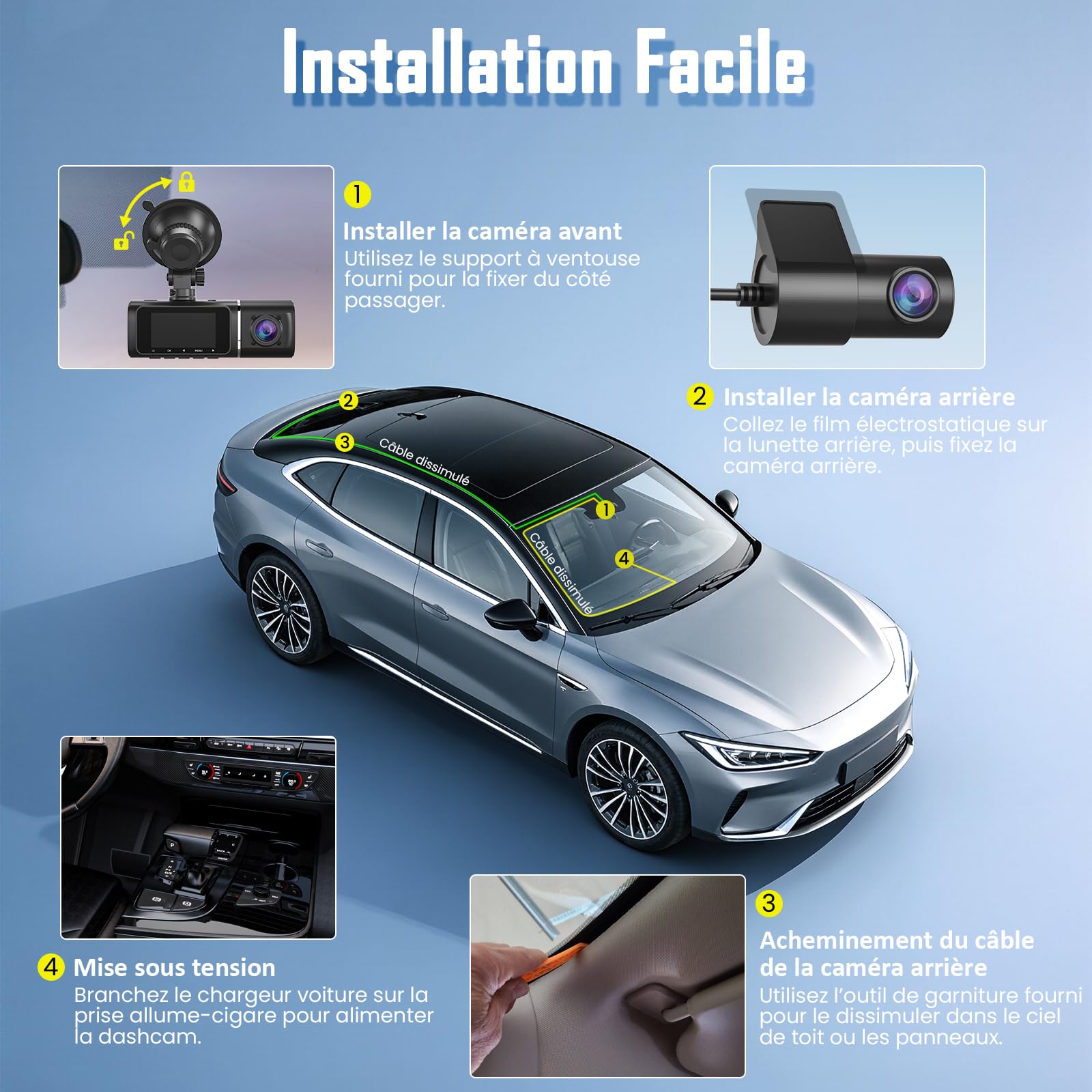 Dashcam Voiture Avant Arrière, 4K+1080P Caméra Embarquée avec Carte SD 64G, 1,97'' Écran, Grand Angle 170°, Vision Nocturne, WDR, G-Capteur, Mode Stationnement 24H, Enregistrement en Boucle