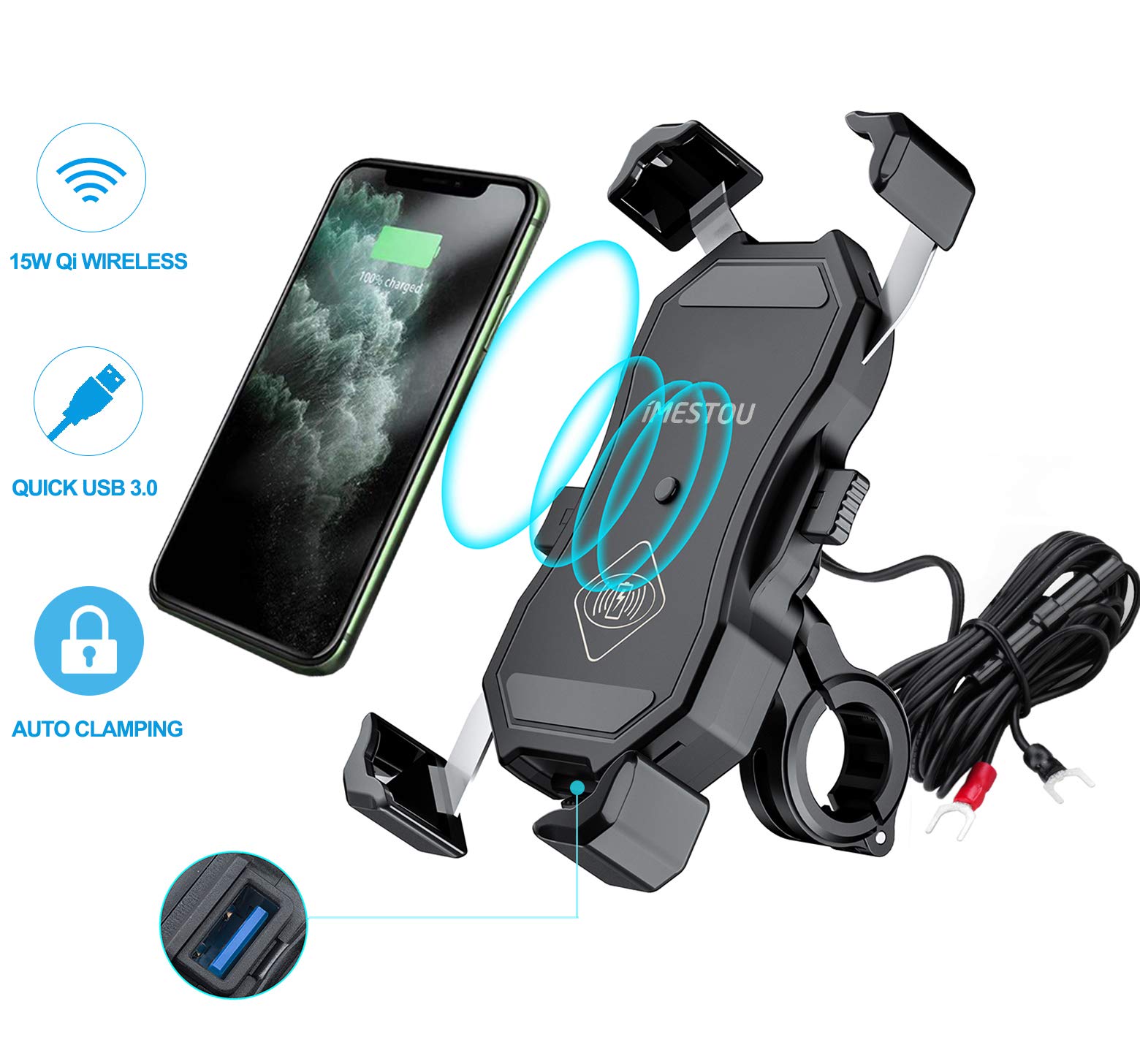 iMESTOUMotorcycle Wireless Qi/USB Phone Charger Holder Handlebar/Rear-view Mirror Cellphone Mount with Waterproof Switch 10A Fuse Fast Charging for iPhone Samsung 3.5-6.5 inch Cellphones