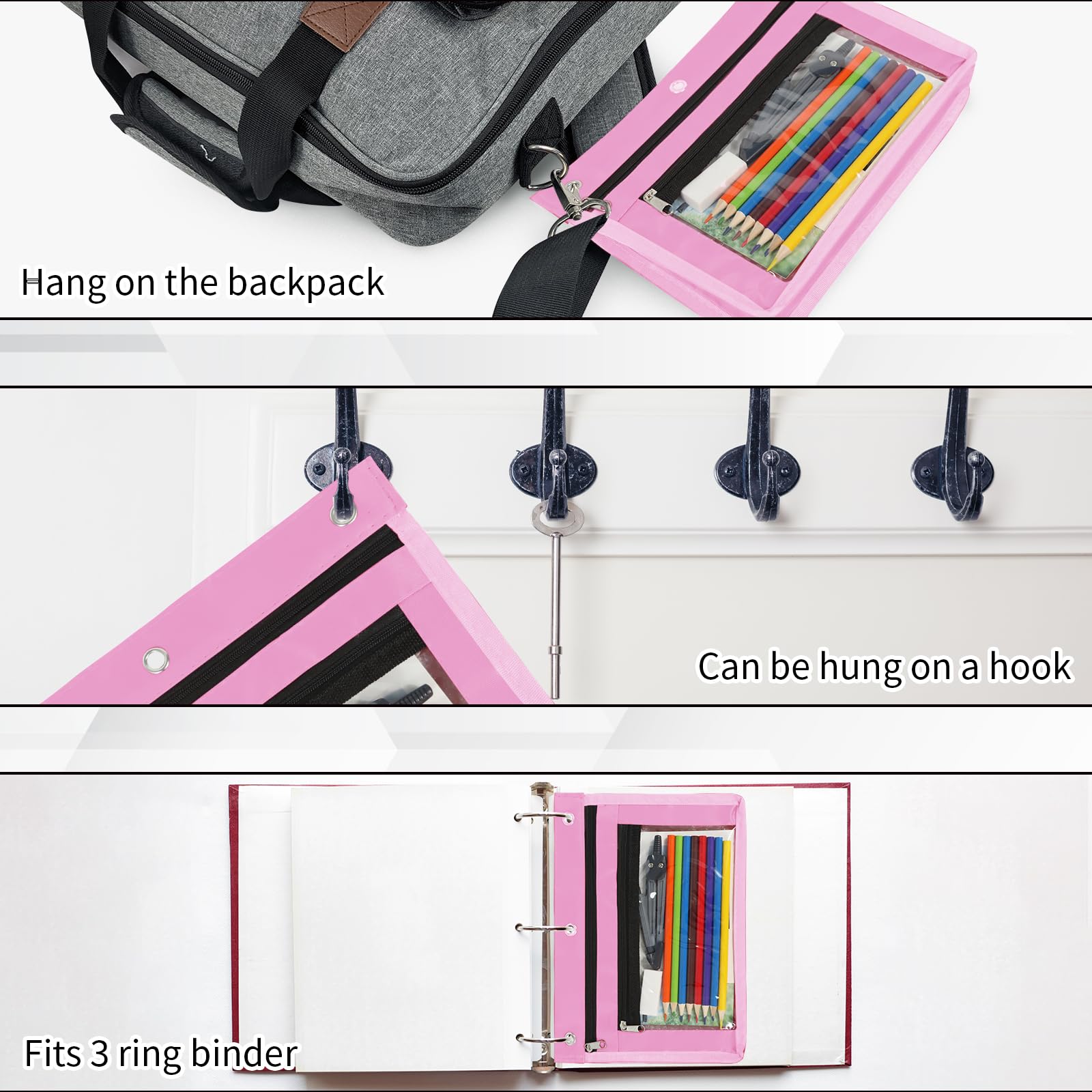 YoeeJob Astuccio espandibile da 2,5 cm per raccoglitori a 3 anelli, confezione da 18 astuccio grande capacità con cerniera, astuccio trasparente a tre anelli, adatto per scuola e ufficio (rosa)
