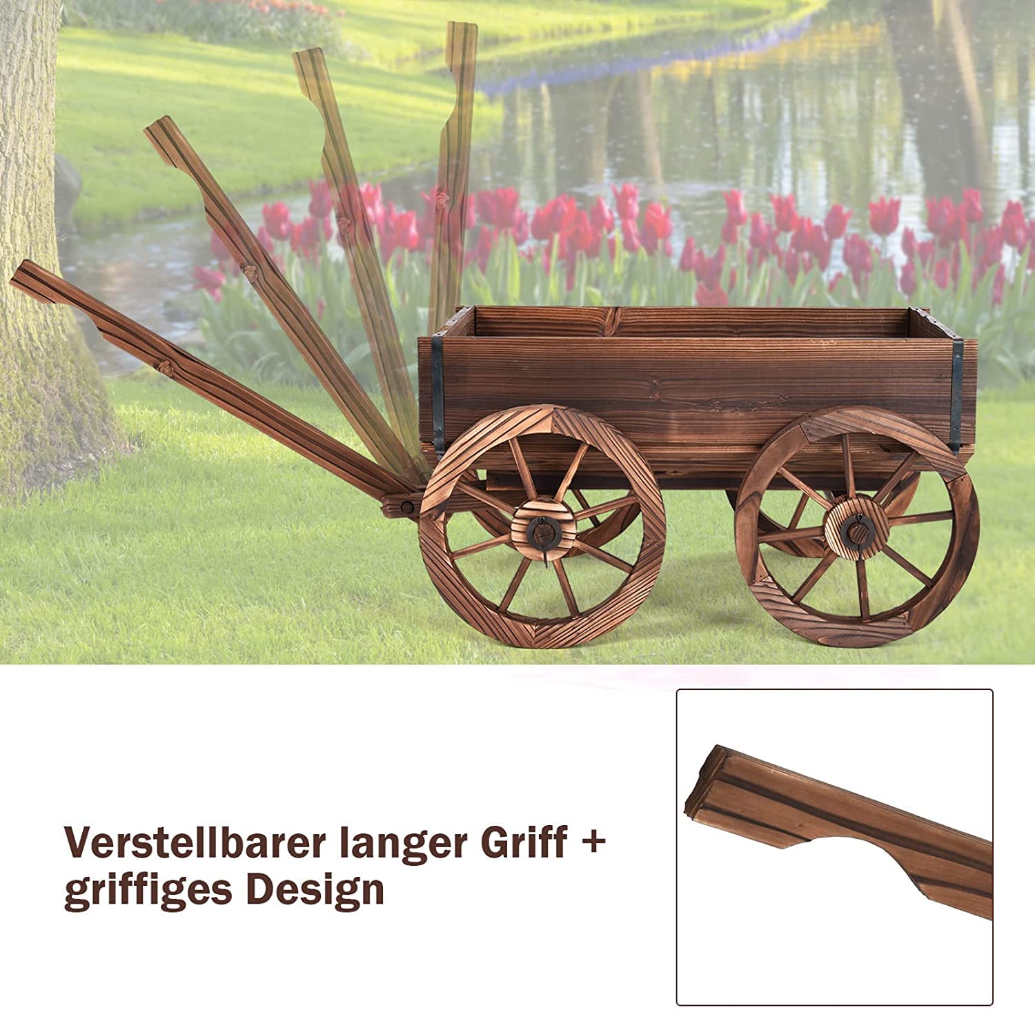 RELAX4LIFE Blumenwagen Holz, Pflanzwagen mit 4 Rädern, Verstellbarem Griff, Ablauflöchern, Bollerwagen Outdoor wetterfest, Pflanzkarre Pflanztopf für Garten Balkon Terrasse, 120 x 43 x 53,5 cm, Braun