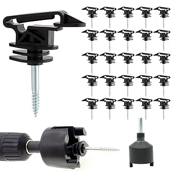 25 Pcs Electric Fence Screw-in Tape Insulators Wood Post Insulators Poly Tape Insulators and 1 Pcs Free Insulator Socket Tool(Black)