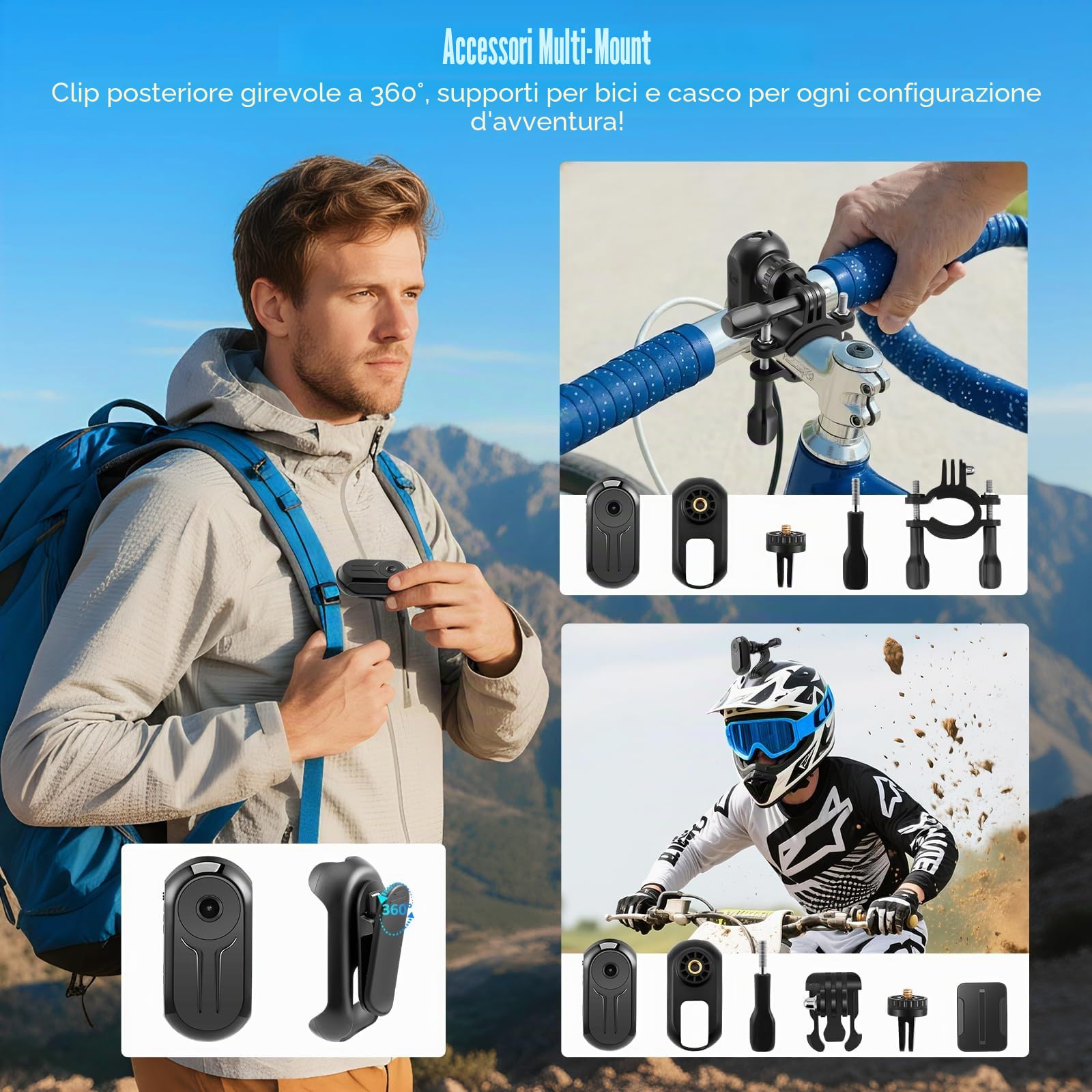 Bodycam, 64GB Mini Action Cam Fotocamera Sportiva 1080P HD 360° Wearable Telecamera con Visione Notturna Portatile POV Camera con Accessori Multifunzionali per Vlogging Moto Esterno Subacquea Ciclismo