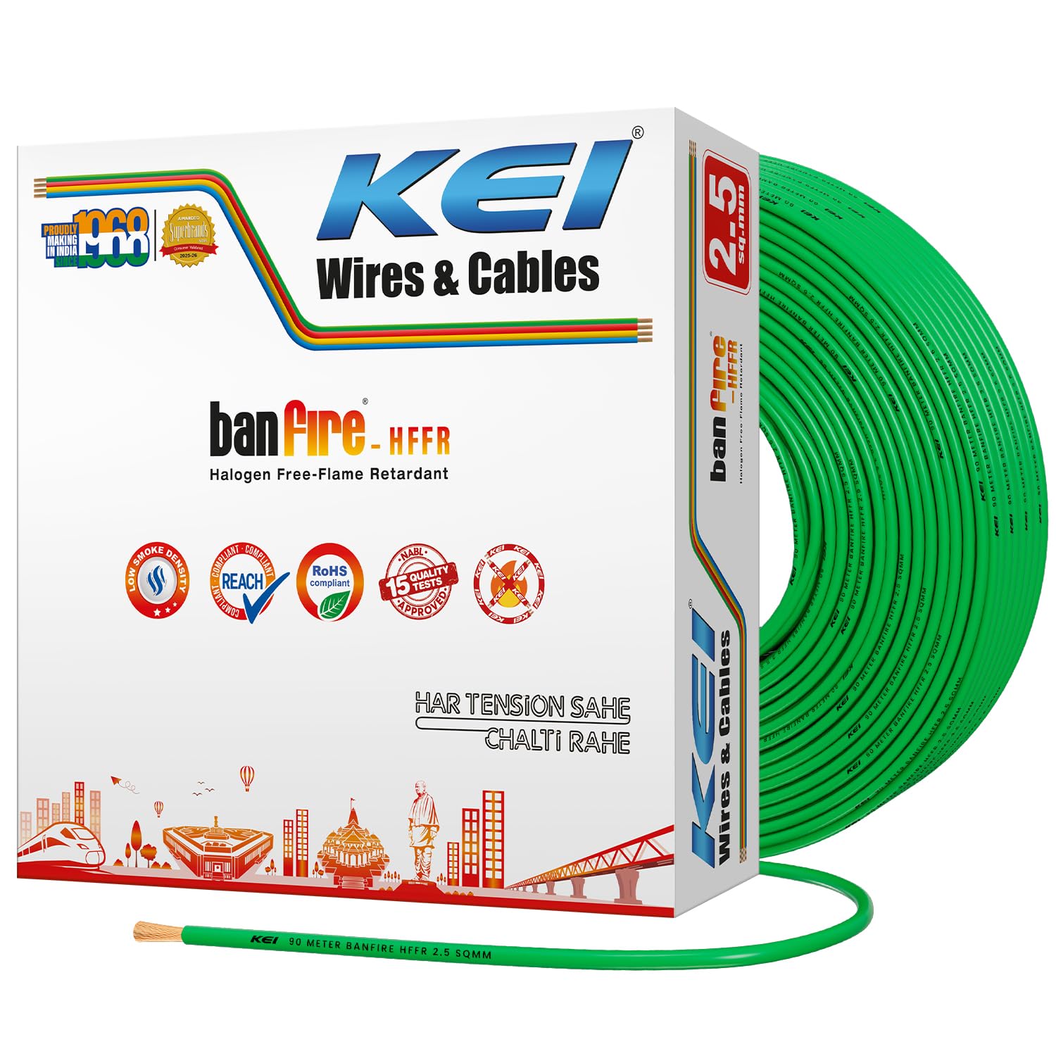 KEI BANFIRE- HFFR 2.5 sqmm 1 Core 99.97% Pure Copper Conductor Heat Resistant Flame Retardant Low Smoke & Halogen - Lead Less House Wire for Domestic & Industrial Electrical Wiring (Green,90 Meters)