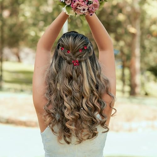 Miniatura 2 de 20 horquillas para el pelo con perlas de boda, pasadores en forma de U, accesorios para novias, damas de honor, mujeres (rojo)