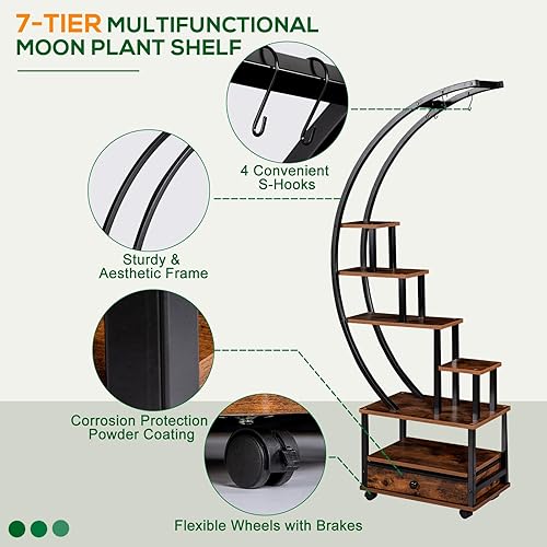 Miniatura 5 de 2 soportes para plantas de interior de media luna de 71 pulgadas de alto con ruedas bloqueables, estante para plantas de 14 niveles con cajón y