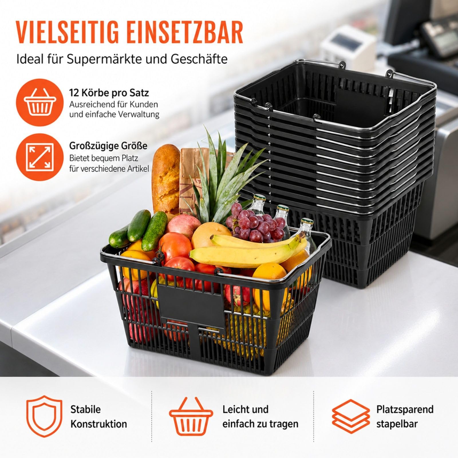 Einkaufskorb aus Kunststoff, 12er-Pack, 21 L, schwarz, stapelbar, mit Metallgriffen, engmaschige Struktur, für Lebensmittelgeschäft, Einzelhandel und Supermarkt