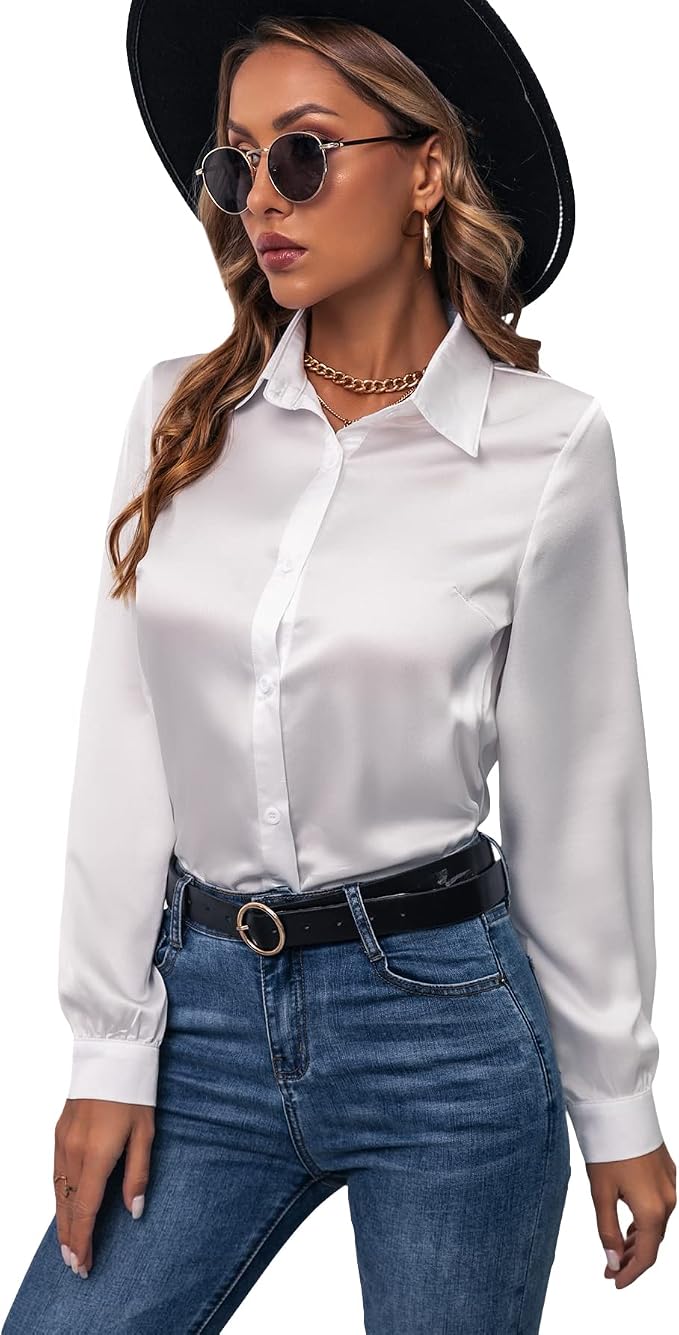 GORGLITTER Women's Satin Solid Button Down Shirt Collar Neck Long Sleeve Blouse Top