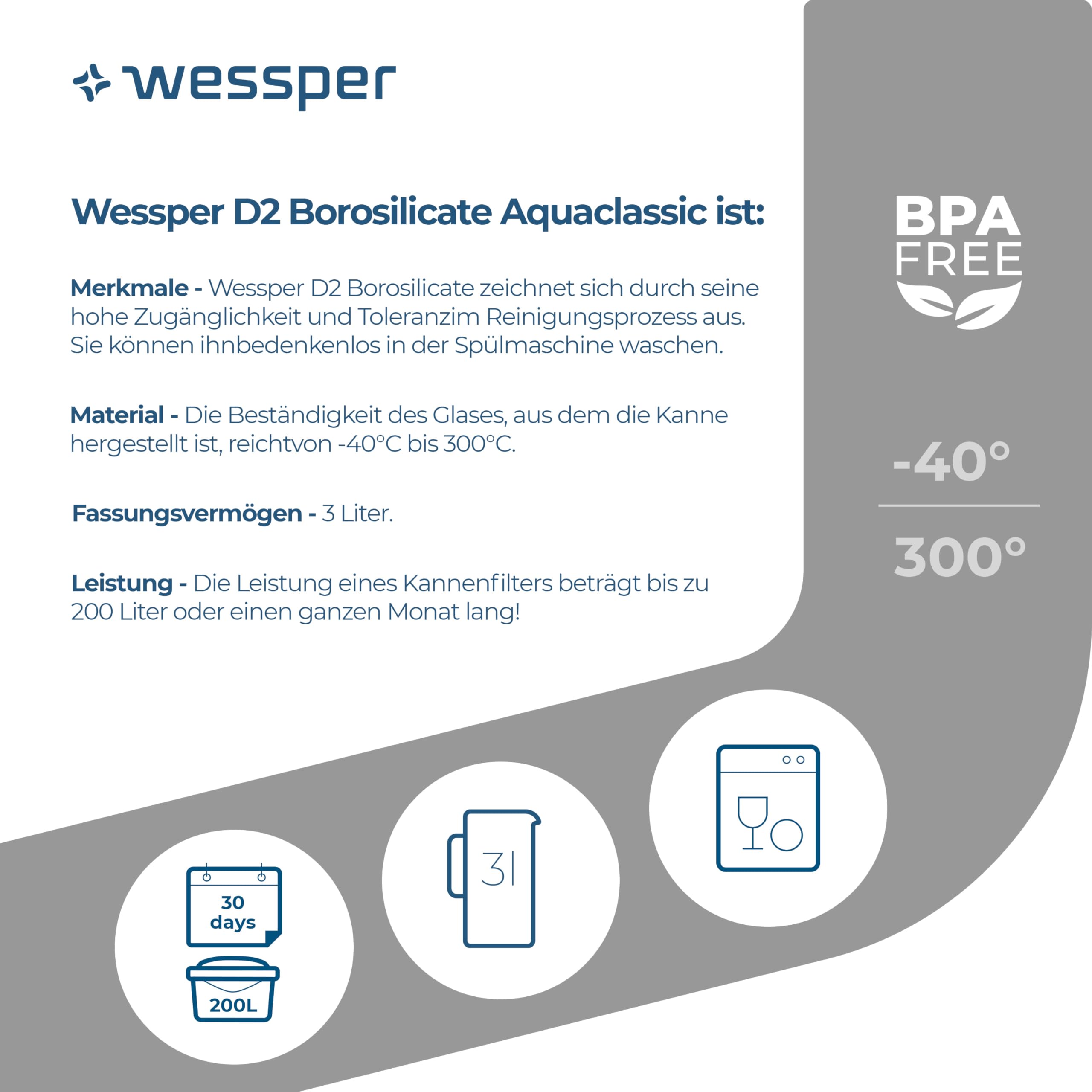 Wessper wasserfilter Kanne Glas 3L, karaffe mit 2 filter Classic - Schwarz