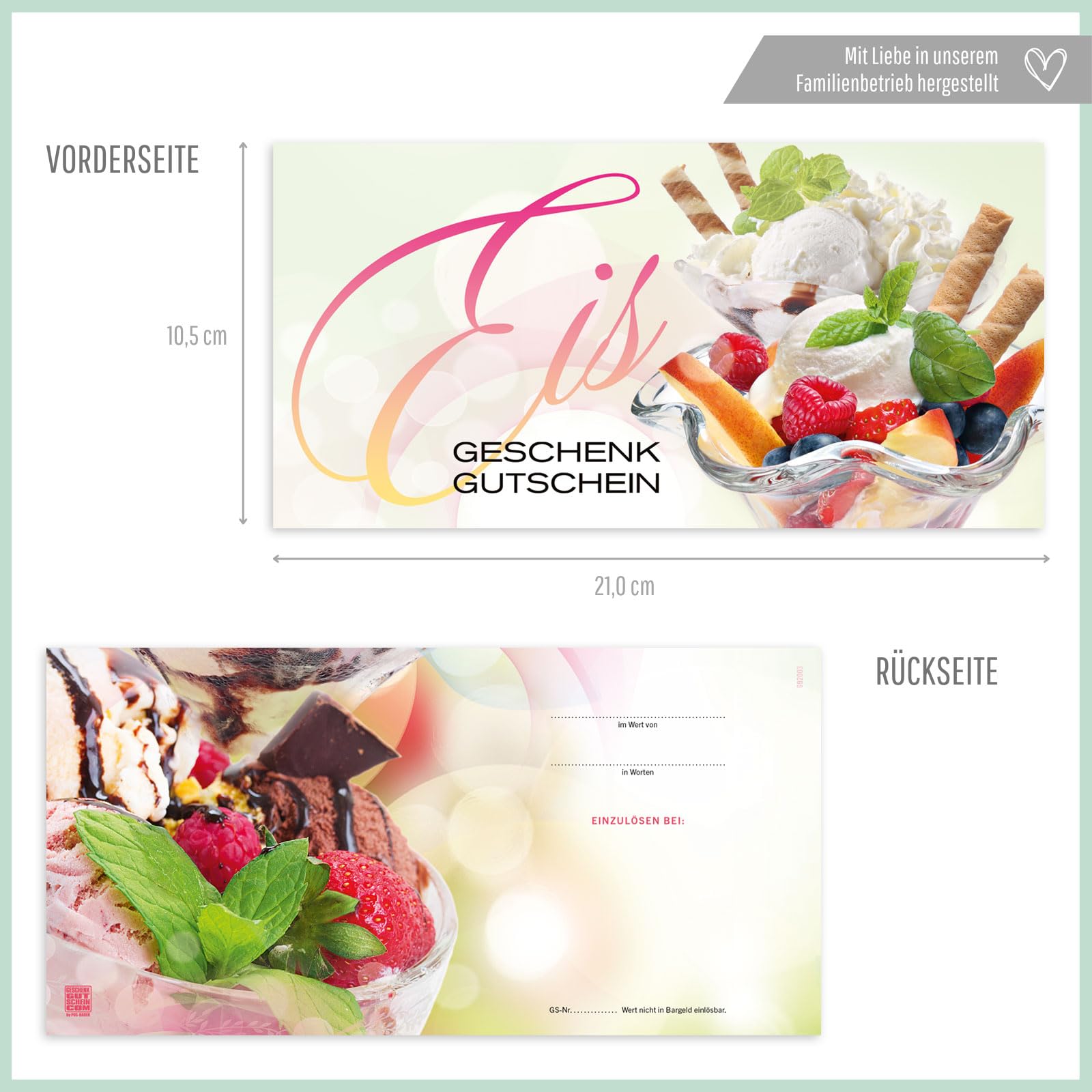 Gutschein-Set. 100x Gutschein + Kuvert. Für Eissalons Eiscafés, blanko zum selber Ausfüllen.