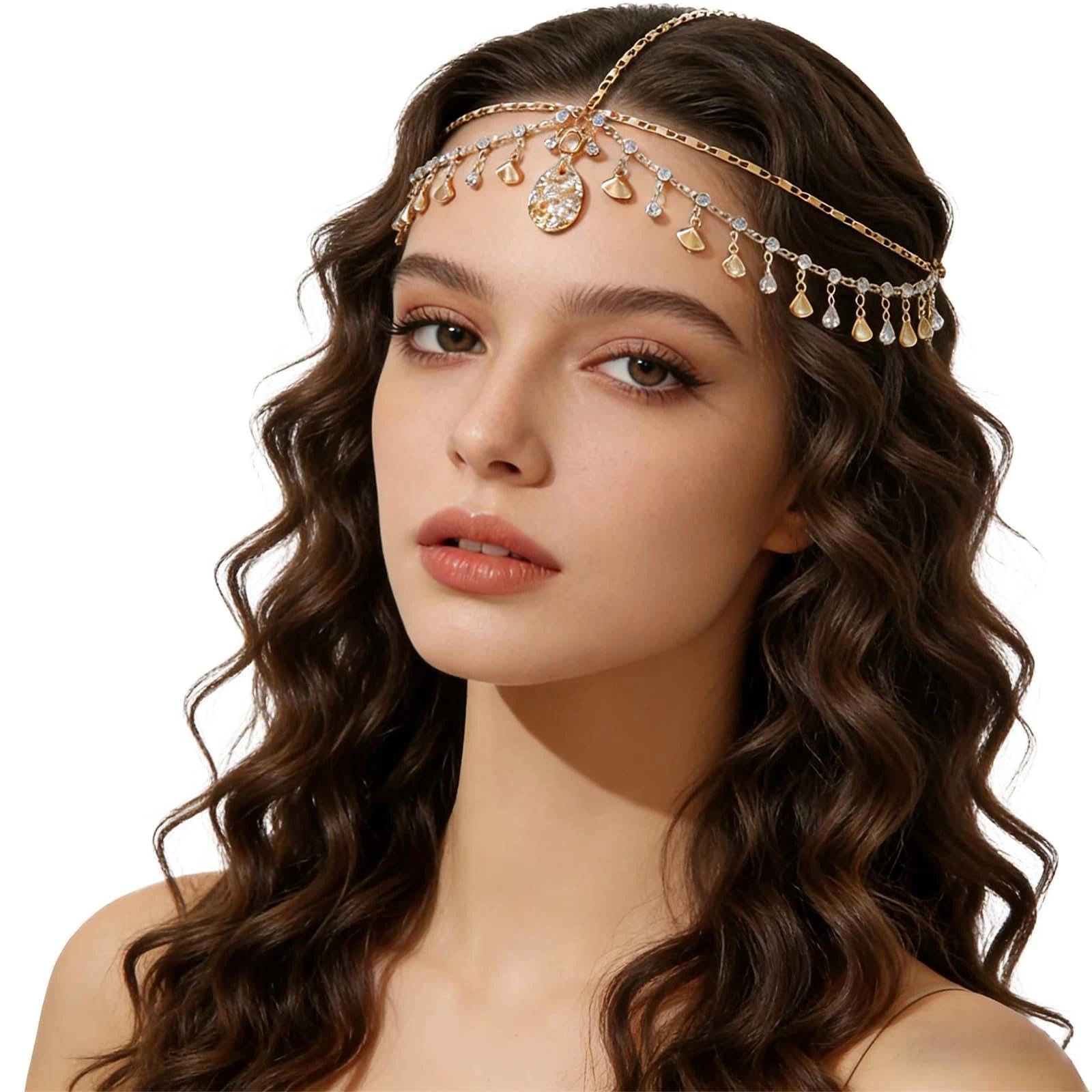 VOOSFSIE Gold Head Chain, Head Jewelry for Women, Egyptian Headpiece, Gypsy Accessories, Festival Costume Headband for Daily Hair Accessories Prom Makeup