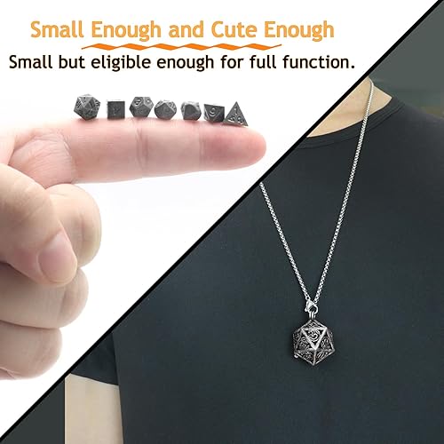 Miniatura 3 de PJOY Juego de dados pequeños DND con estuche de collar hueco D20 negro dorado D20, llavero portátil de 7 piezas, llavero de hierro antiguo, juego de