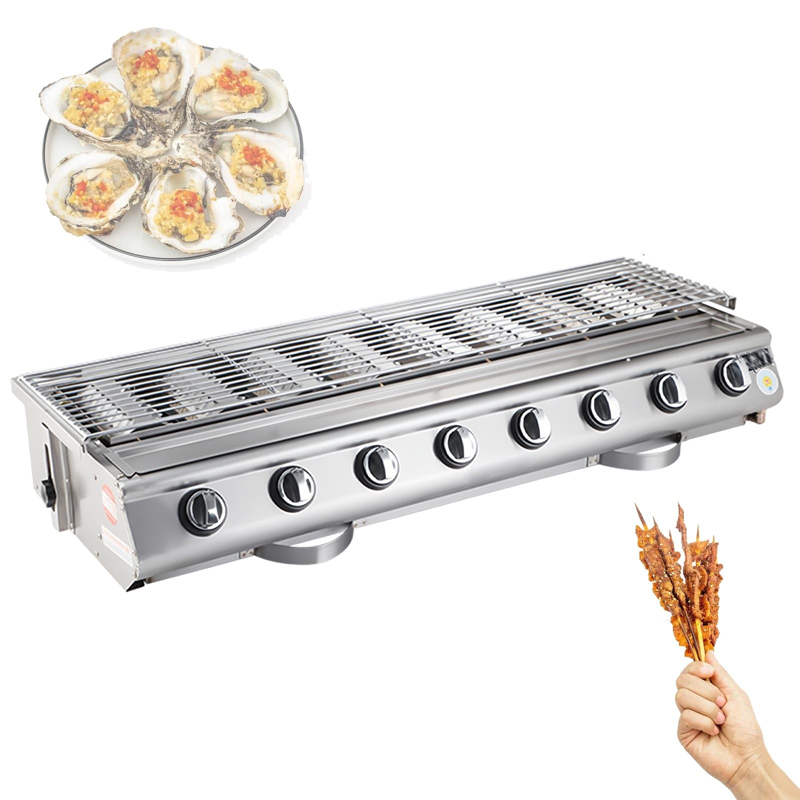 Grill gazowy stołowy, komercyjny, grill z 8 niezależnymi przełącznikami, konstrukcja ze stali nierdzewnej z regulowaną wysokością i amortyzatorem, do gotowania na świeżym powietrzu i na kempingu