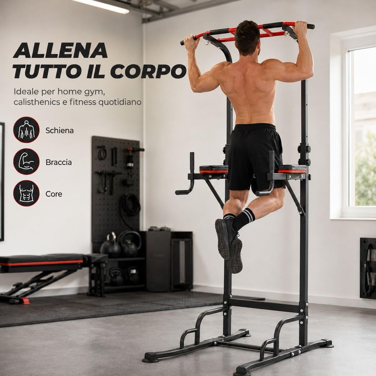 Power Tower Multifunzione Sbarra Trazioni Autoportante Regolabile 165-240 cm, Acciaio, Nero e Rosso, 120x80 cm