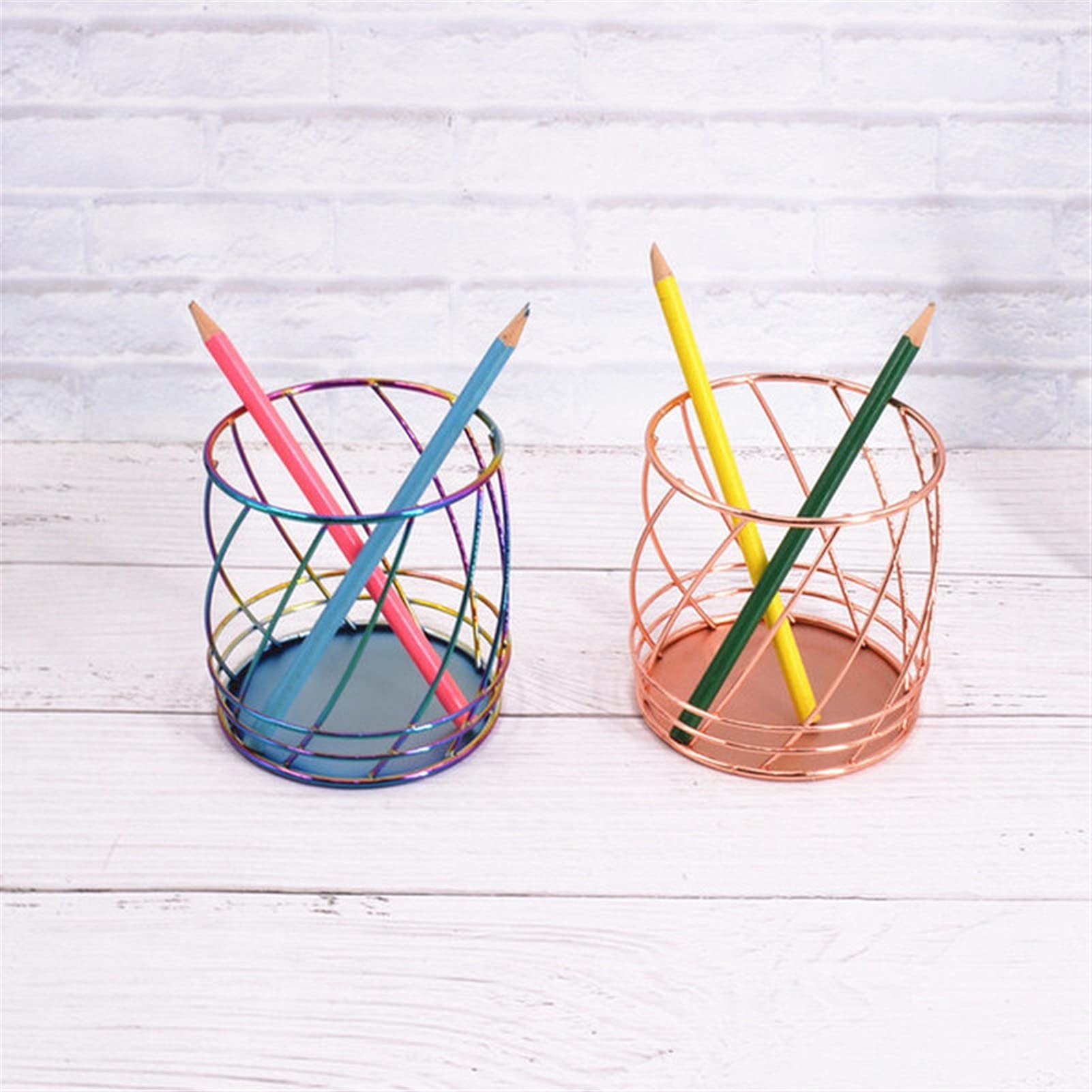 Pot à crayons or rose doré en fil métallique pour crayons rond en maille de fer, conteneurs de rangement de maquillage, organisateur de bureau, porte-crayons