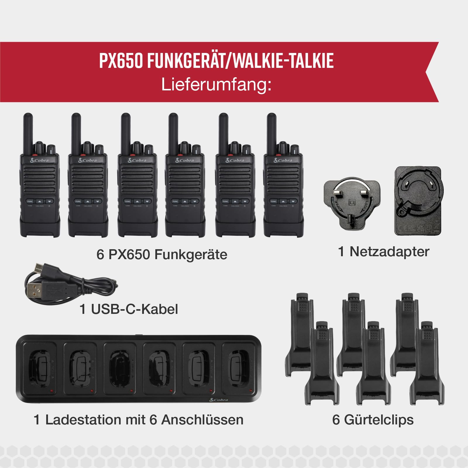 Cobra PX650 Professionelle Walkie-Talkies (6er-Pack) – Wiederaufladbare PMR446-Funkgeräte für Unternehmen, Reichweite von 27.000 m²/ 25 Etagen, staubgeschützt und spritzwassergeschützt (IP54)