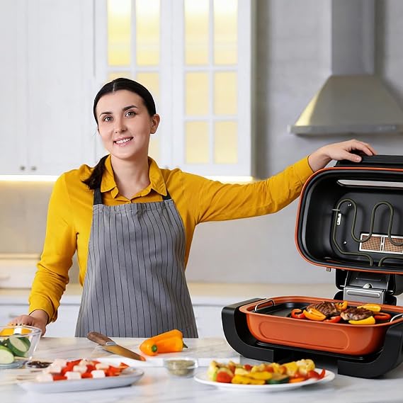 Electric Grill, Techwood 3-in-1 Indoor Grill, Odor-Free 3-Layer Filter Korean BBQ Grill, Timer Control Knob, Double Sided Heating, Roast, Toast, Grill & More for Parties & Everyday Meals, 1300W