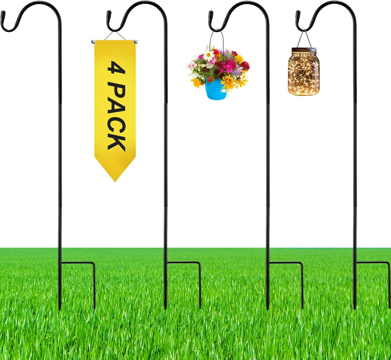 4 Pack 24 Inch Adjustable Shepherds Hook for Outdoor Metal Rust Resistant Steel Shepard Hooks for Bird Stand Feeder Pole, Weddings Decor, Garden Plant Basket, Outside Hanging Solar Lights