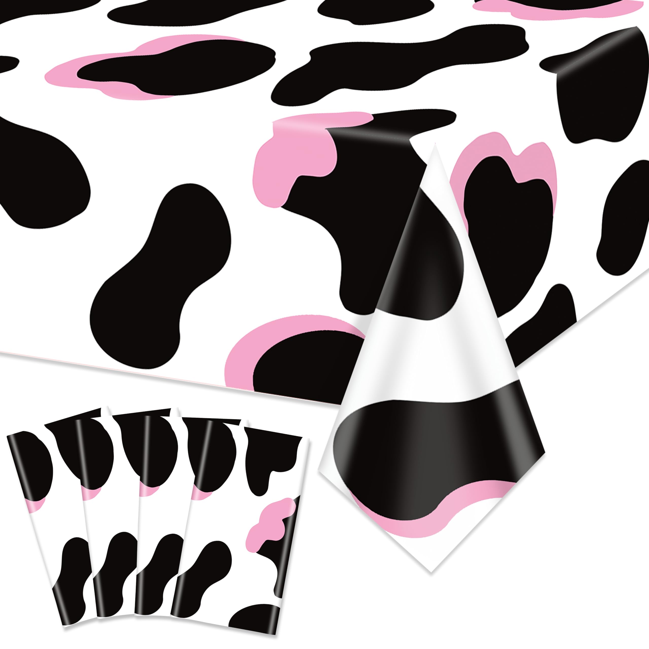 Hegbolke 4 Pack Pink Cow Print Tablecloths, Disposable Plastic Cow Birthday Table Cover for Western Disco Cowgirl Birthday Party Decorations, 51 x 86 Inch โ image 1