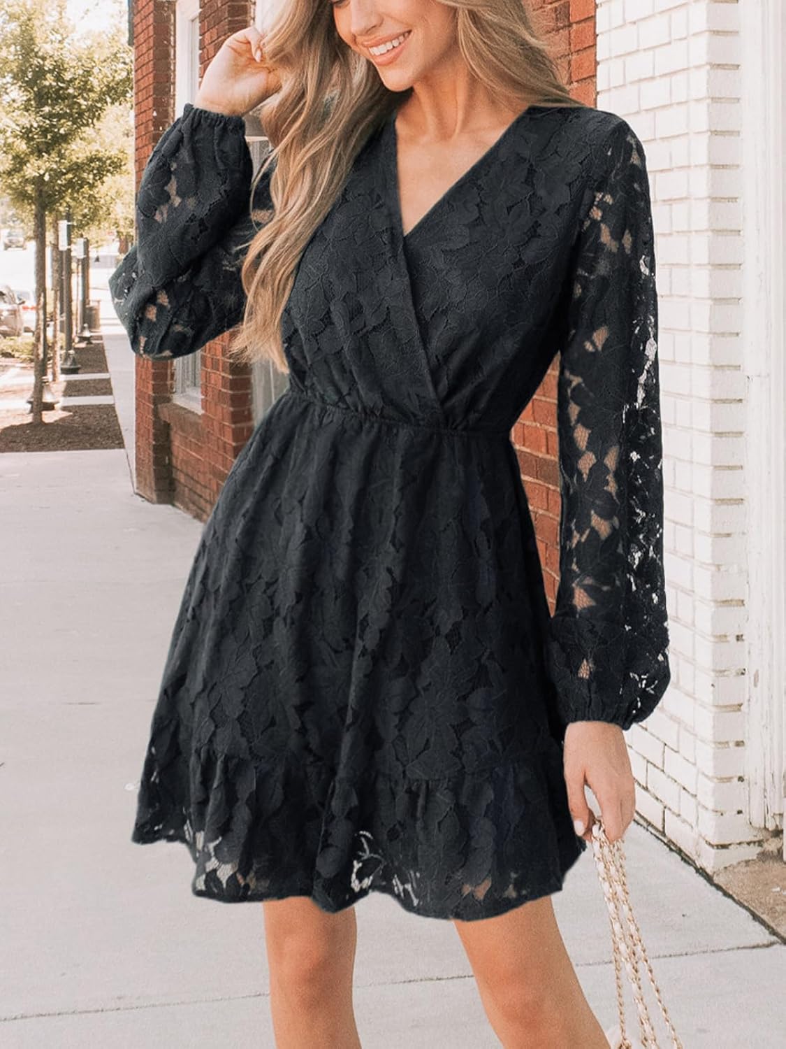CUPSHE Women Elegant V Neck Lace Peasant Sleeve Mini Summer Dress Elastic High Waist A Line Casual Wedding Guest Dress - Image 4