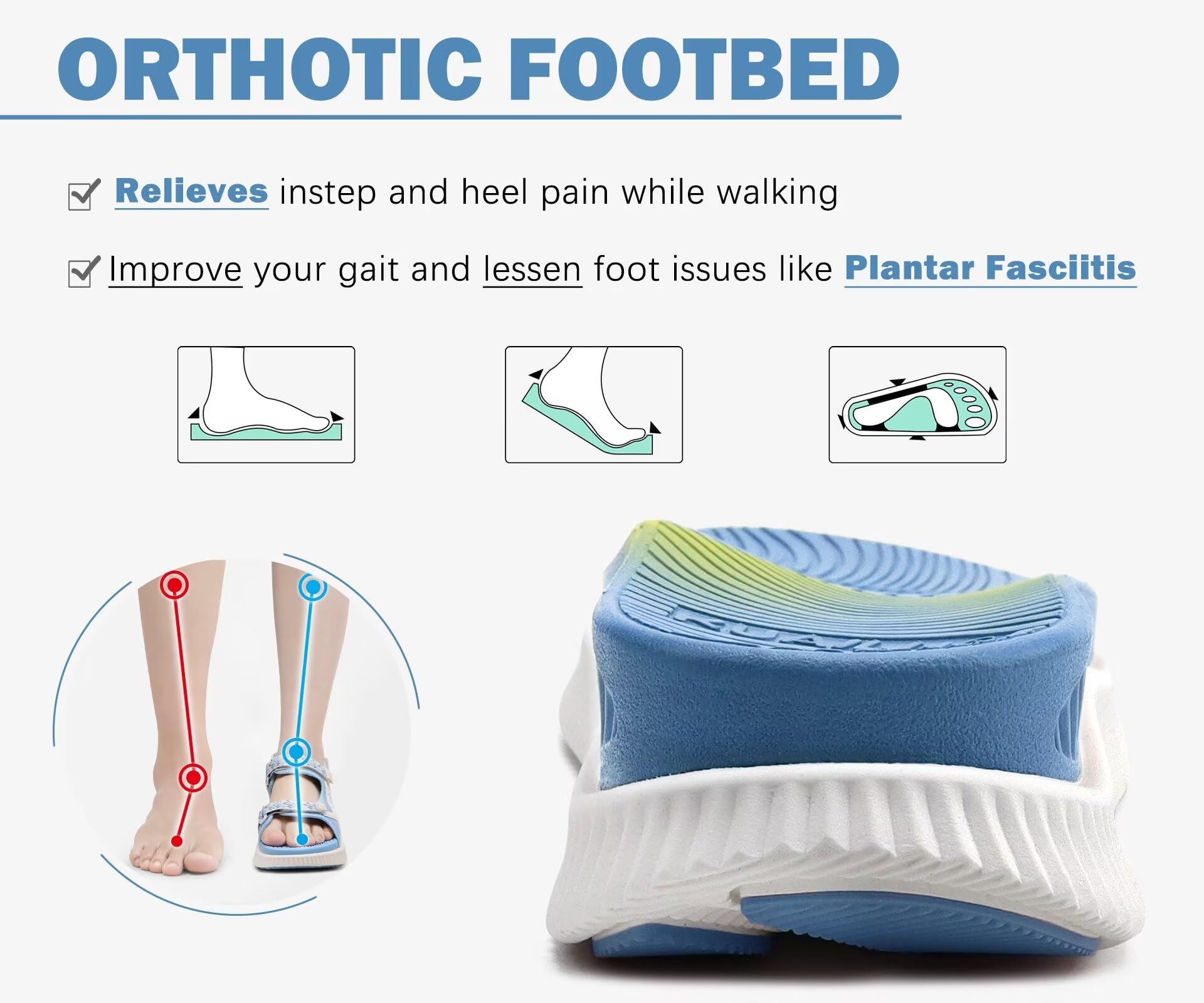 KuaiLu Sandalias ortopédicas para caminar para mujer, soporte de arco, recuperación, deportes, senderismo, agua, sandalias gruesas y atléticas, cómodas para fascitis plantar, sandalias ajustables US6