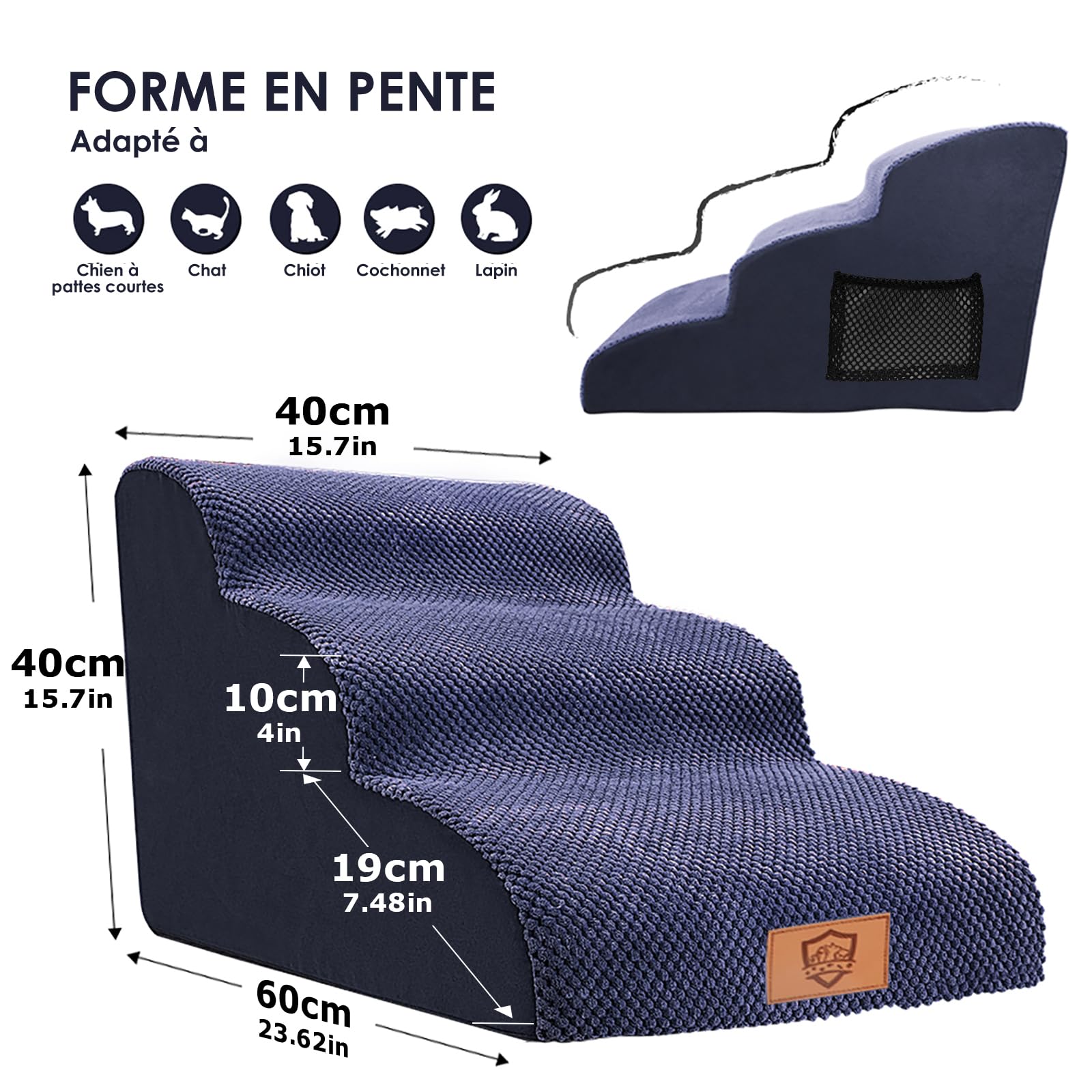 MASTERTOP Scale per Cani a 3 Gradini in Spugna, Scala Antiscivolo per Animali Domestici, Scaletta Spugna Ccuccioli per Divano Letto con Fodera Rimovibile e Lavabile (Blu Navy)