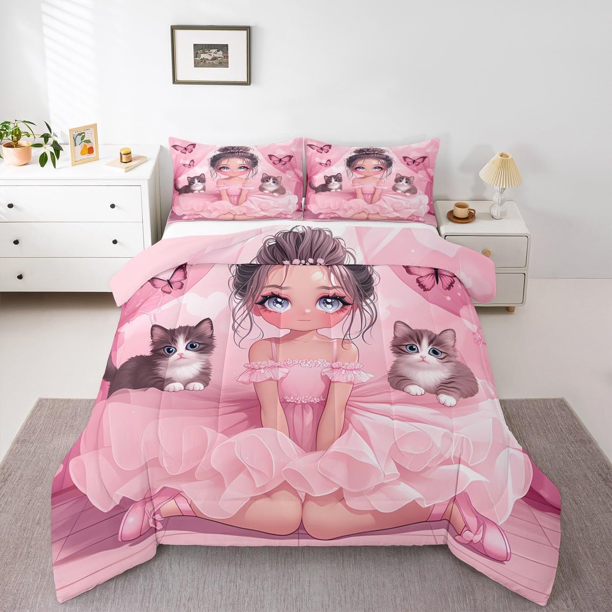 Erosebridal Ballerina Girl Princess Comforter Set Twin White Swan Bedding Set Aesthetic Ballerina Design Comforter for Kids Boys Girls,Pink Romantic Rose Flowers Quilt Duvet