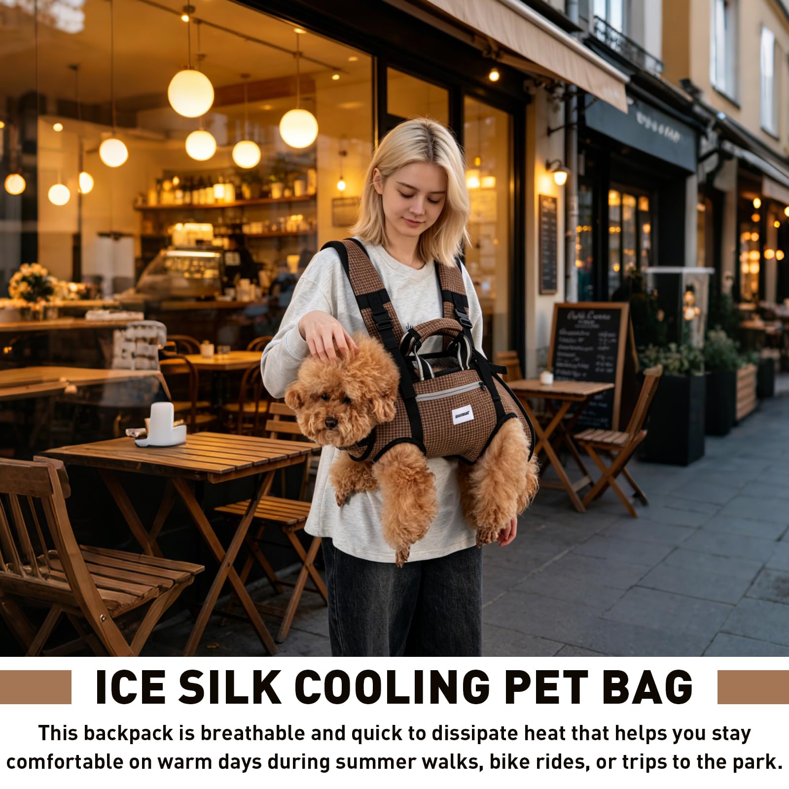 Mochila transportadora para perros, bolsa refrescante de seda de hielo transpirable para mascotas con correas traseras ajustables, diseño horizontal multitransporte y soporte ergonómico de la