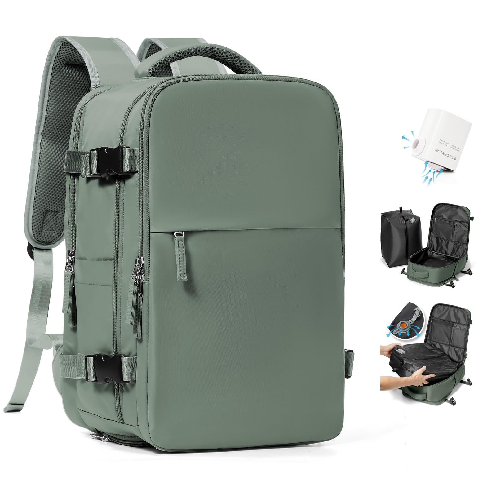 HPLQQ Zaino 40x30x20 per Ryanair Zaino Sottovuoto da Viaggio con Pompa | Aereo Bagaglio a Mano Easyjet Borsa da Cabina per Uomo e Donna Lavoro e Scuola Casual Daypack,M Verde