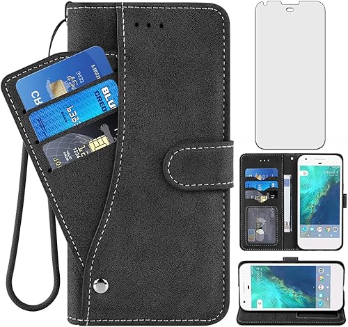 Asuwish Compatible con Google Pixel 1 Funda tipo cartera y protector de pantalla de vidrio templado, cordón de cuero con tapa para tarjeta de