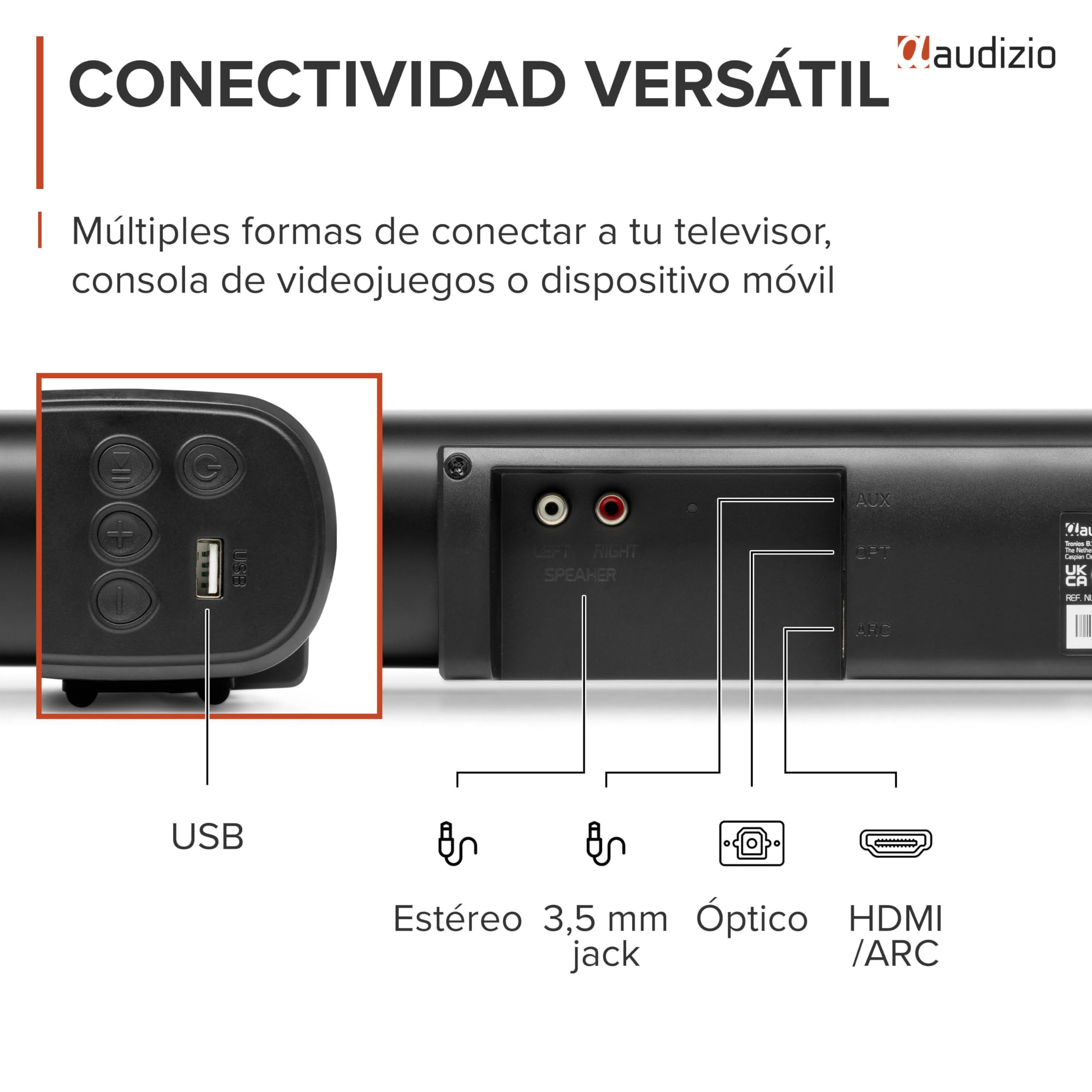 Audizio SB100 – Barra de Sonido 5.1 160W con subwoofer 6,5” y Altavoces Surround, HDMI ARC, Bluetooth 5.0, USB y óptica, soundbar para TV, Color Negro