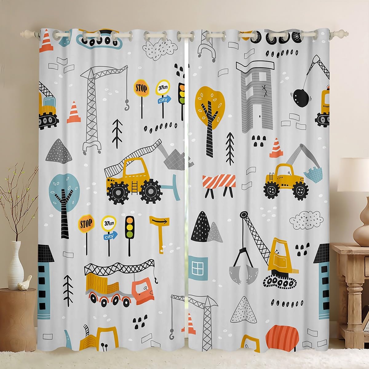 Homemissing Boys Multicolored 13221 Construction Vehicles Darkening Dreapes Equipment Trucks Curtains For Bedroom Living Room Kids Decor Excavator Blackout Curtains Construction Site Cars Window Treatments W52*L63