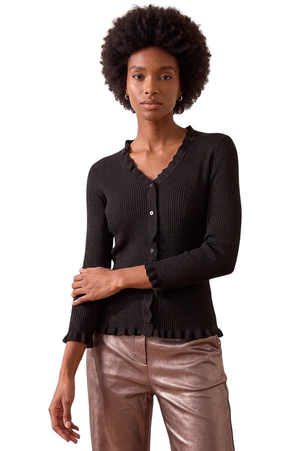 Roman Originals V-Neck Ruffle Knit for Women UK - Ladies Everyday Autumn Winter V-Neckline Comfy Soft Evening Vacation Work Party Night Out
