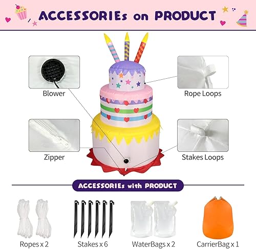 Miniatura 5 de DomKom Decoraciones inflables de 6 pies para pastel de cumpleaños al aire libre con velas, luces LED mágicas integradas, para fiesta de feliz