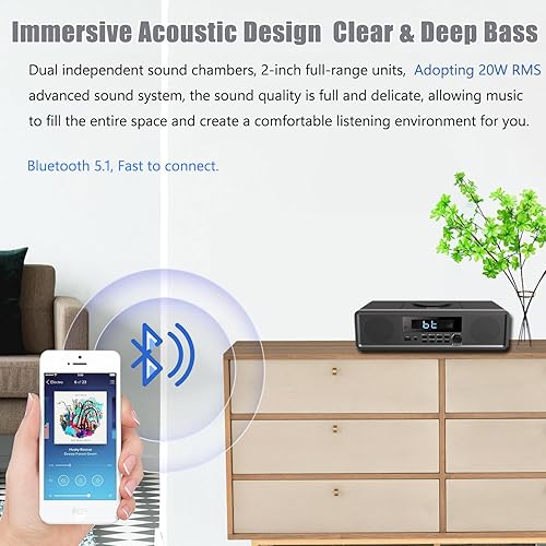 Miniatura 5 de WISCENT Sistema estéreo para el hogar, reproductor de CD, sistema de sonido RMS transparente de 20 W con radio FM, Bluetooth, USB, MP3, AUX, reloj