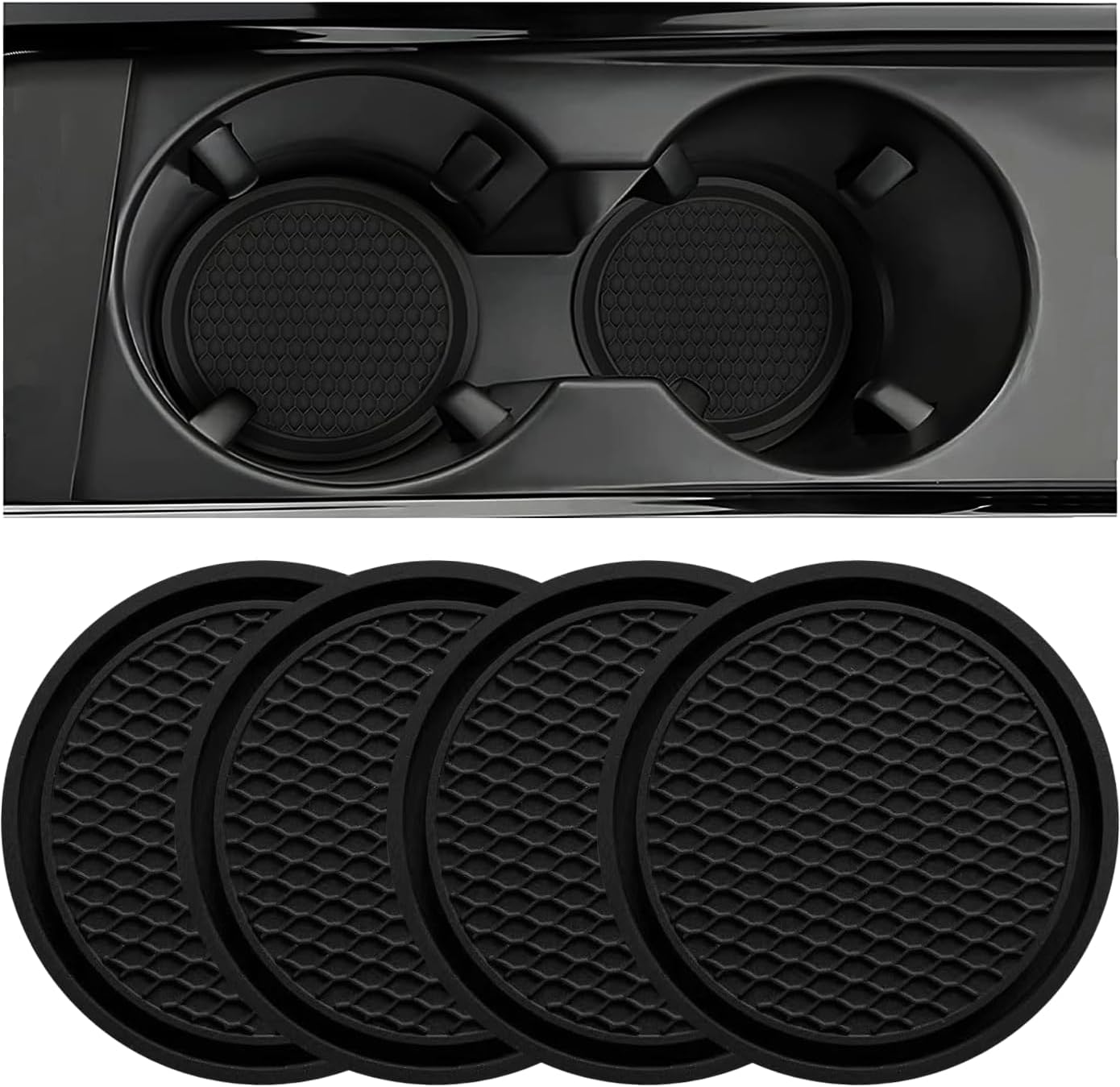 4 Pezzi Sottobicchieri Auto Universali In Silicone - Antiscivolo, Impermeabili, Incassati, Diametro 7 Cm - Proteggi I Portabicchieri Della Tua Auto (Nero) - 3